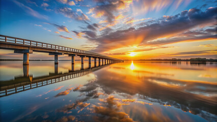 Fototapeta premium Sunset over the bridge reflecting on the calm water below, sunset, bridge, reflection, water, peaceful, evening, dusk
