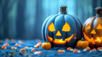 Halloween greeting card, spooky pumpkin sitting on the forest floor