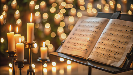 Sheet music on a stand with candles in the background, music, sheet, stand, candles, background, classical, composition