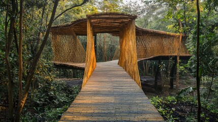 Wooden Footbridge Traversing Lush Forest Landscape