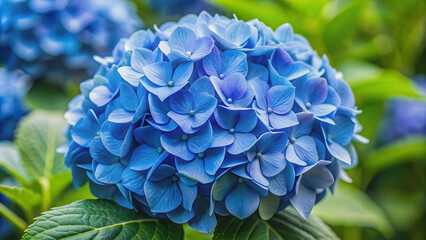 Obraz premium Close-up of beautiful blue hydrangea flower in full bloom, blue, hydrangea, flower, bloom, close up, detailed, macro, petals