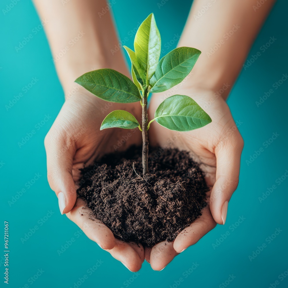 Canvas Prints Closeup of hands holding a small plant with soil against a blue background.