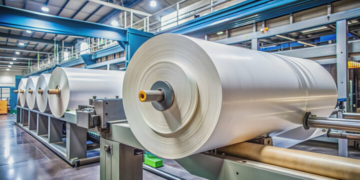 Roll of paper being printed on a machine with stacks of paper in the background, printing, paper, machine, technology
