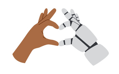 Technology concept. AI concept. Robots and human hands gesture showing a heart isolated on white background. Cooperative concept.