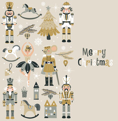 Merry Christmas, New Year set with Ballerina, Mouse King and Nutcracker. Christmas card three and toys