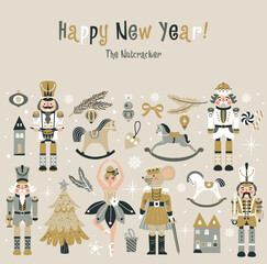 Merry Christmas, New Year set with Ballerina, Mouse King and Nutcracker. Christmas card three and toys