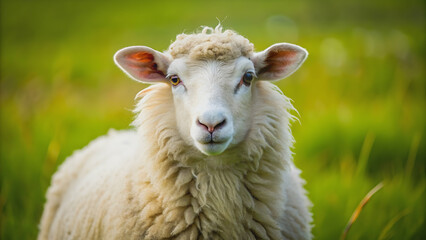 Fototapeta premium Close up of a fluffy white sheep in a green meadow, sheep, livestock, animal, wool, domestic, farm, agriculture, mammal, cute