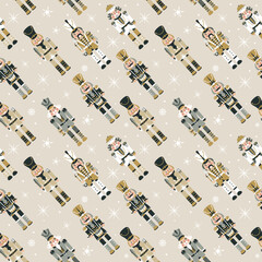 Seamless Christmas Pattern with Nutcrackers in Vector on beige.