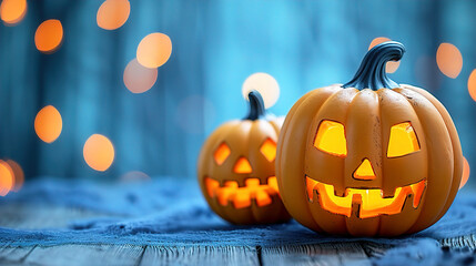 Halloween greeting card, spooky pumpkin sitting on the forest floor