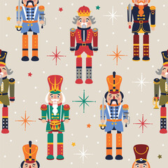 Seamless Christmas Pattern with Nutcrackers in Vector on beige.