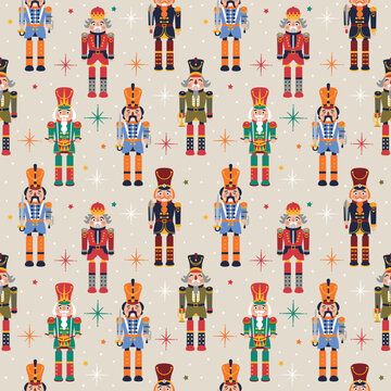 Seamless Christmas Pattern with Nutcrackers in Vector on beige.
