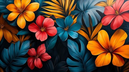 Fototapeta premium A colorful bouquet of flowers with a blue background. The flowers are red, yellow, and orange