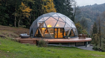 Cozy Geodesic Dome Overlooking a Picturesque Mountain Landscape at Sunset