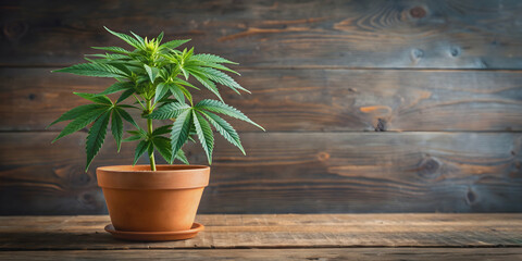 Green marijuana plant growing in clay pot on wooden table, cannabis, plant, pot, green, growing, cultivation, wood