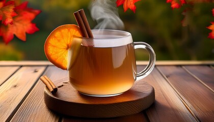 A steaming cup of hot apple cider garnished with a cinnamon stick and a slice of orange, perfect for a cozy autumn afternoon.