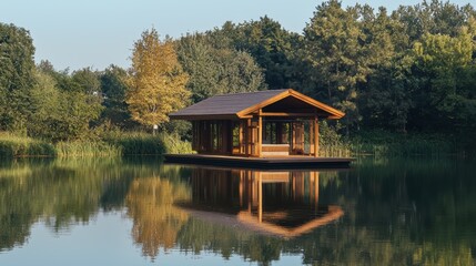Obraz premium Tranquil Wooden Cabin Reflected in Autumn Lake Surrounded by Forest