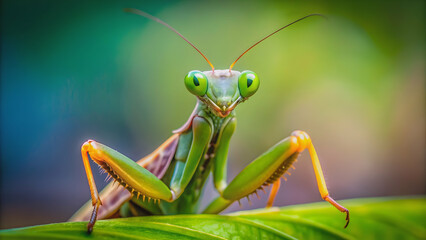 Fierce predatory praying mantis with piercing gaze and vibrant colors, insect, predator, mantis