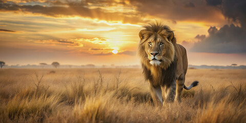 Majestic lion stalking in a monotone savanna with product placement in the sunset lighting , lion, majestic, savanna, sunset