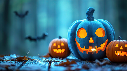 Halloween greeting card, spooky pumpkin sitting on the forest floor