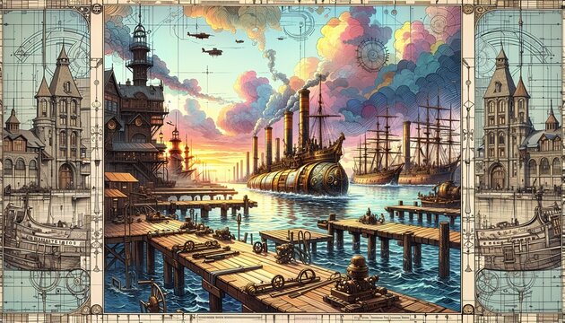 In a bustling steampunk harbor, the medieval Khazar submarine fleet rests, with brass-clad hulls and propellers churning frothy wakes. AI generated.