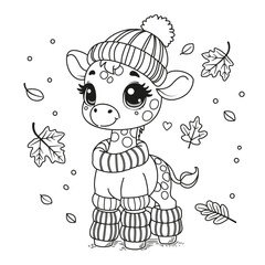 Obraz premium Coloring page for kids. Cute cartoon giraffe in a hat and sweater.