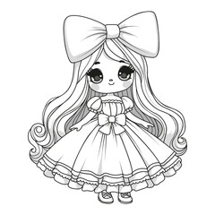 Cute girl with long hair and beautiful dress. Coloring page for children. Art therapy.