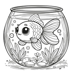 Goldfish in a round aquarium. Coloring page for children. Art therapy. Art line.