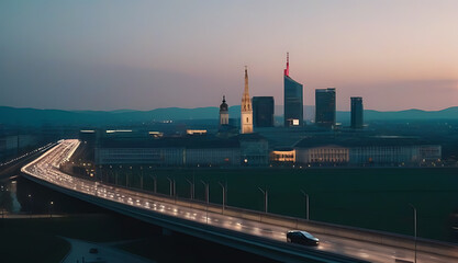 Fototapeta premium cinematic fictional city skyline vienna austria highway leads city represents armageddon end world