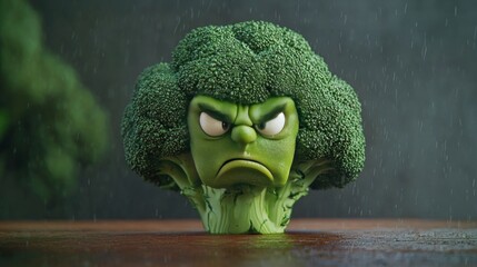 A whimsical broccoli character with an angry expression, set against a dark background, creating a humorous and playful atmosphere.