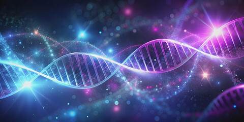 Abstract background with glowing purple and blue DNA strands and light effects, gene engineering, biotechnology