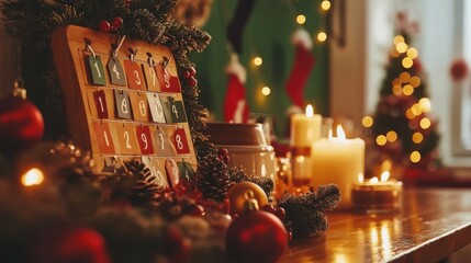 Colorful envelopes on a wooden board with Christmas decorations and warm lighting