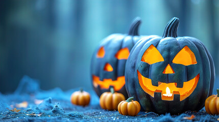 Halloween greeting card, spooky pumpkin sitting on the forest floor