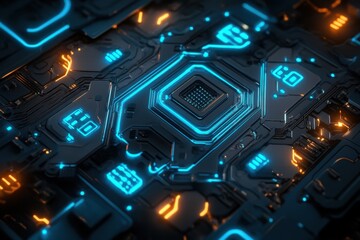 Fototapeta premium Hi-tech circuit board design with glowing electric blue connection