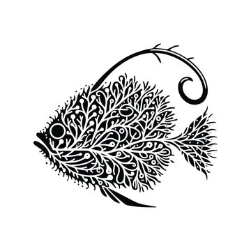 recommend clip art: anglerfish made by simple botanical drawing, black and white animal illustration