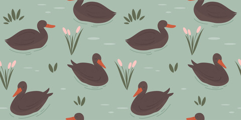 cute hand drawn cartoon character brown duck swimming in the lake seamless vector pattern background illustration