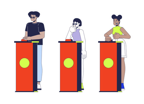 Quiz show participants standing behind buzzer podiums 2D cartoon characters set. Trivia game contestants multicultural isolated people flat vector on white background. Spot illustrations collection