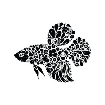 recommend clip art: Betta Fish made by simple flower drawing, black and white animal illustration