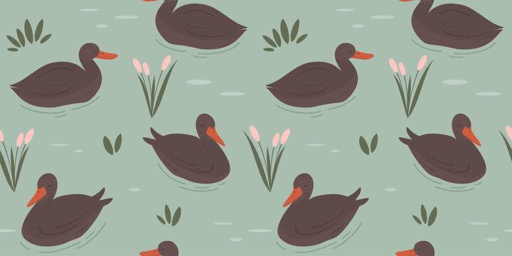cute hand drawn cartoon character brown duck swimming in the lake seamless vector pattern background illustration