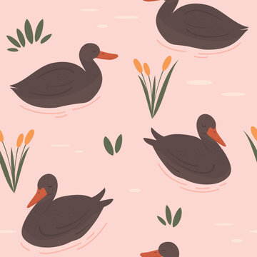cute hand drawn cartoon character brown duck swimming in romantic pink lake seamless vector pattern background illustration 
