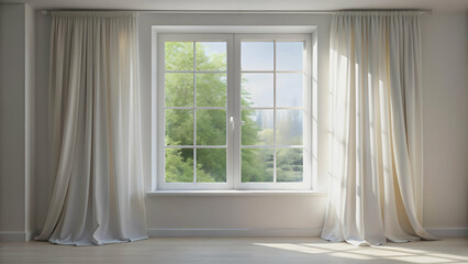 Window with white curtains letting in soft natural light, home, interior, decor, design, drapes, sunlight, cozy, room