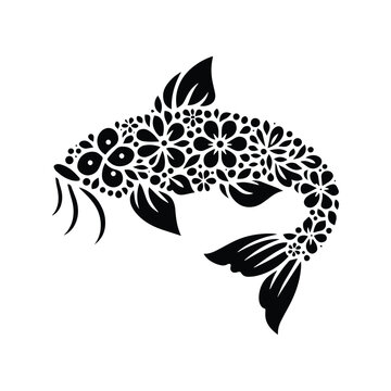recommend clip art: Catfish made by simple flower drawing, black and white animal illustration