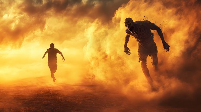 Front view of a human running from a zombie in a desolate, wind-swept desert, the zombie is trailing in the dust, golden hour light creating long shadows and a dramatic contrast, stark and tense - Powered by Adobe