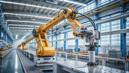 High-tech robotic arm working in a factory setting, technology, artificial intelligence, automation