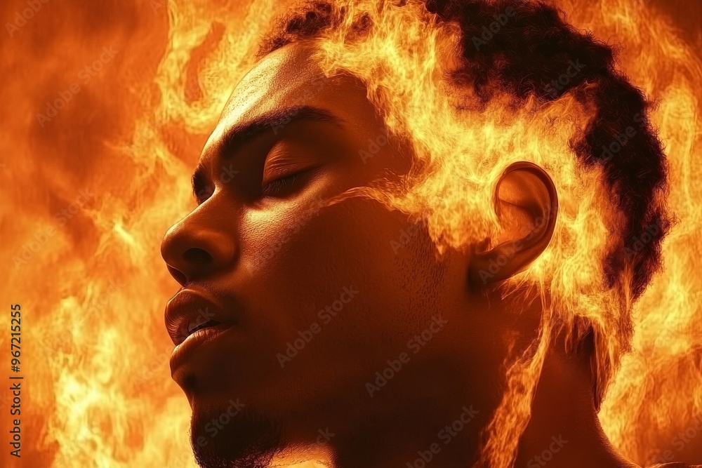 Poster power burst neural resonance thought power empowerment and energy burst man with fiery effect symbol