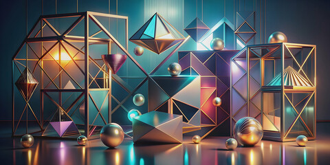 Glimmering abstract geometric shapes with modern design and depth, geometric, abstract,shapes, modern, design