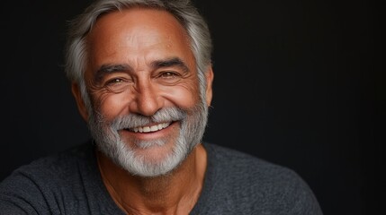 Obraz premium A man with a big smile on his face. He is wearing a gray shirt. Concept of happiness and warmth
