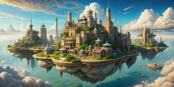 Comic style intricate 8k rendering of a floating city