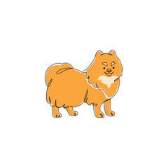 Abstract Pomeranian dog drawing. Continuous one line art of canine pet. Funny dog standing isolated on white background. Vector minimalistic linear illustration. Domestic breed contour shape symbol