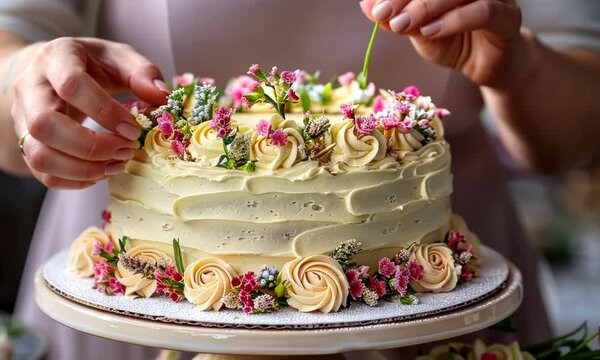 A baker decorating a birthday cake with intricate frosting designs and edible flowers, adding a personal touch to the celebration. Video