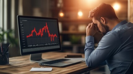 Stressed Businessman Looking at Falling Stock Market Charts on Computer Screen
